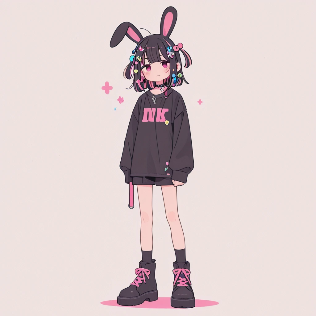 A dark-skinned girl, short purple hair, glasses, pink skirt, black sweatshirt with rabbit print,white sock 