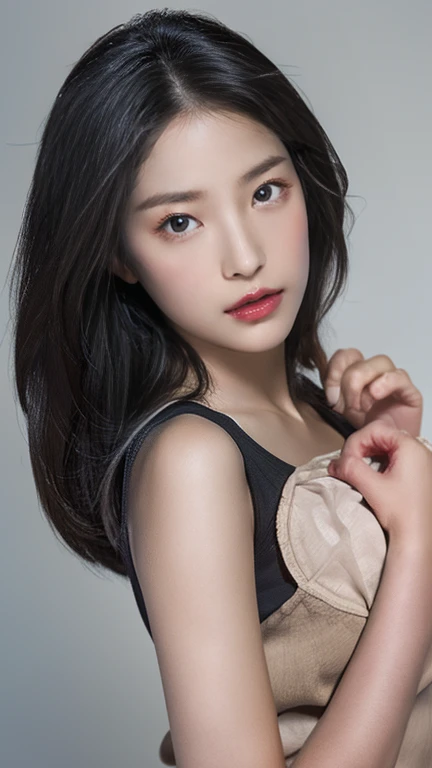 (((forehead、Northern Europe、White people、beautiful girl、Black Hair、White background、open jacket、lender)))、table top, highest quality, figure, super detailed, finely, High resolution, 8k wallpaper, Perfect dynamic composition, detailed and beautiful eyes, Deco out,bionde, breasts, Natural color lip,white background, random cute poses,