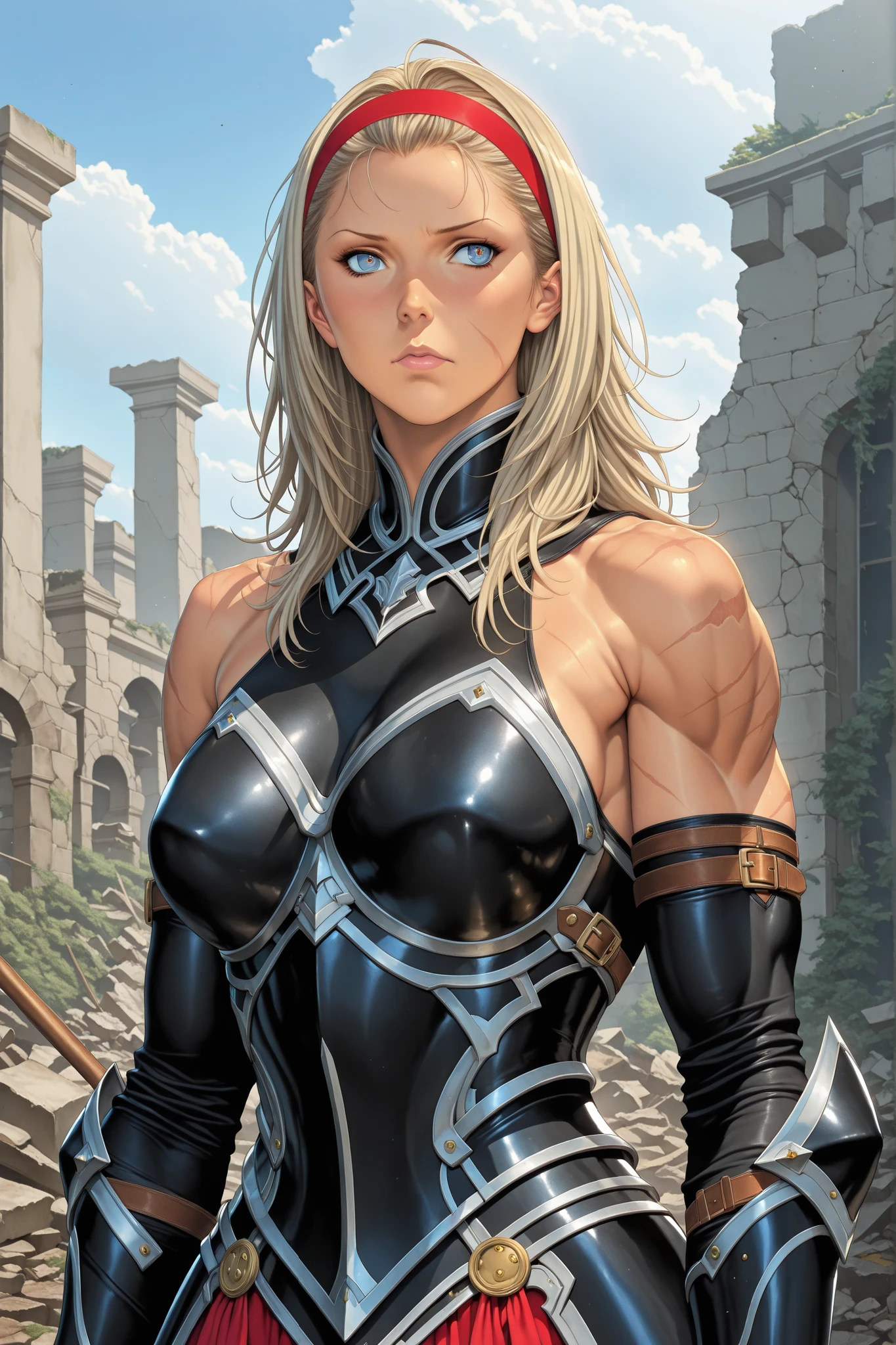 upper body, 1woman. Long blonde messy hair. wide armor. Cracked matte black armor. dress, blue eyes, big breastplate. (muscular arms:1.3), scars on shoulders, bare shoulders, red hairband, ruins in background, (Artist Style: homare/fool's art:1.3)