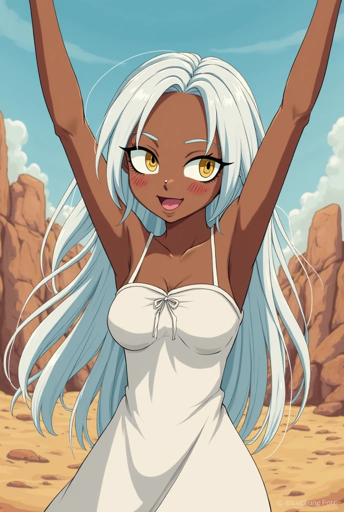 Urd, 1girl, solo, long hair, white hair, facial mark, blue eyes, sky, water, 1990s (style), swimsuit, barefoot, breasts, forehead mark, kneeling, cleavage, bikini, retro artstyle, tan, smile, large breasts, bra, traditional media, <lora:Kosuke Fujishima_XL:0.8>