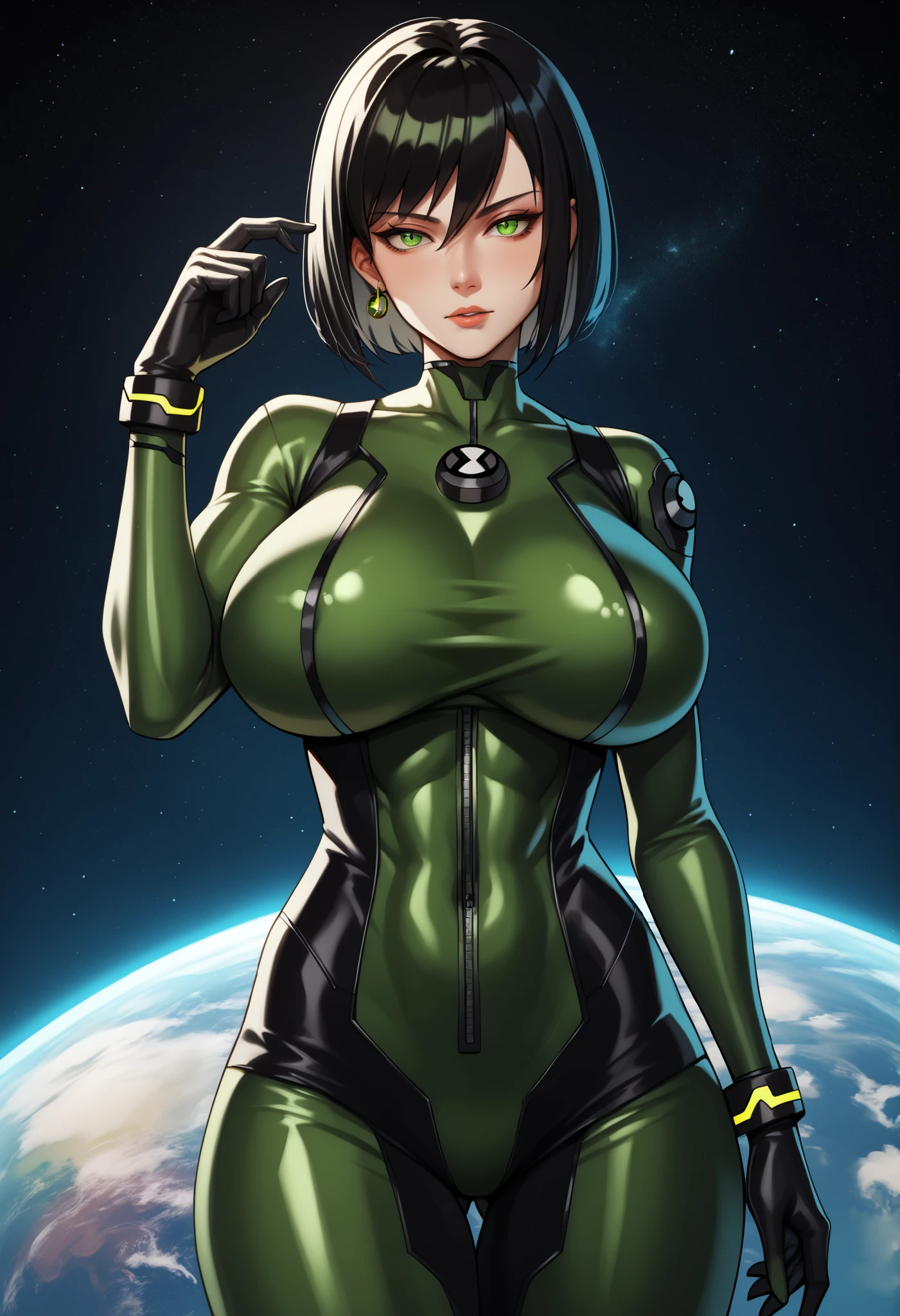 masterpiece, best quality, 1girl, anime style, defsamus, black hair, bodysuit, black clothes, looking at viewer, outer space, hand up, huge breasts, green bodysuit, black bodysuit, ben10, short hair, fullbody, insignia,anime hair,gloves