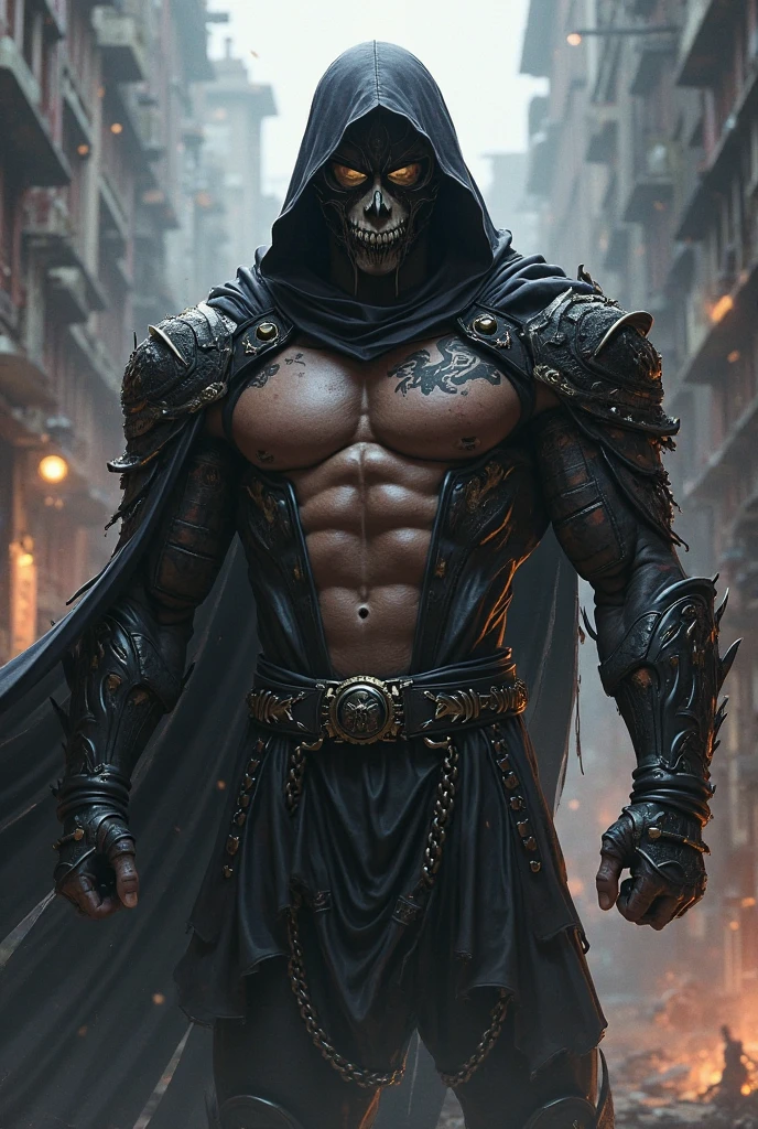 Photorealistic, ((best quality)), ((masterpiece)), (detailed), Grim Reaper, masculine portrait of Death, personification of Death, (open black cloak:1.3), (evil look), 18-year-old male model, handsome, tall, cute looking, evil look, dark look, powerful, young male model, handsome mythical creature, super strong, muscular, fit, massive muscles, six pack, clean shave, white eyes. short wavy messy black hair, short messy hair, messy wavy hair, shirtless, bare-chested, muscle, ripped, strong body, fit body, ancient linen Greek small skirt, (black linen antique draped cloth skirt:1.3) (Dark background:) 8k, high detailed, ultra-detailed, Stylish Pose, real skin texture, dark cinematic lighting, (night cemetery:1.4), stone graves in the background