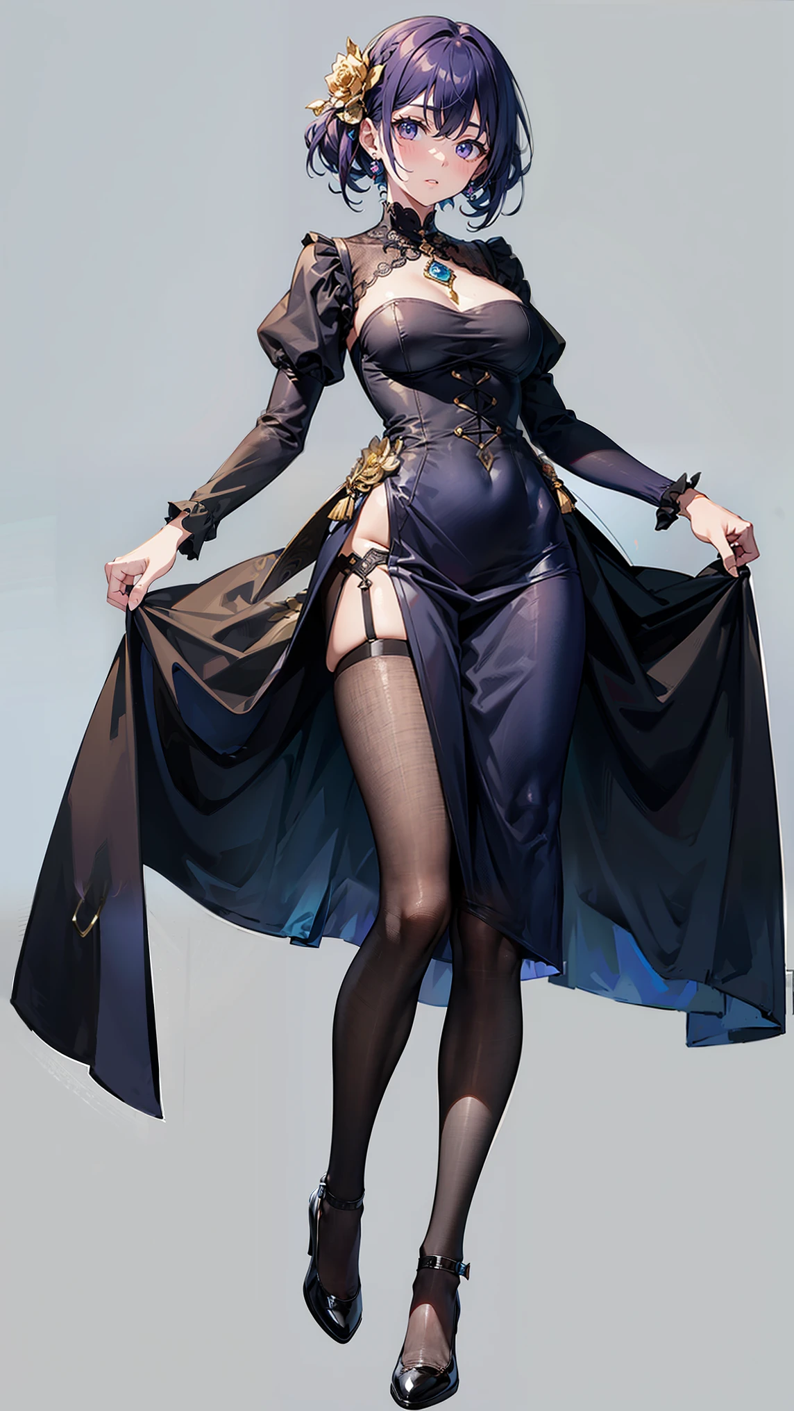 One girl, 、Wear a one-shoulder top、Sexy proportions、Sexy、Narrow waist、Wear accessories on your wrist、Wear high heels、Cross one's arms、Wearing stockings、Show off the beauty of the leg line、Wear a tight lender legs