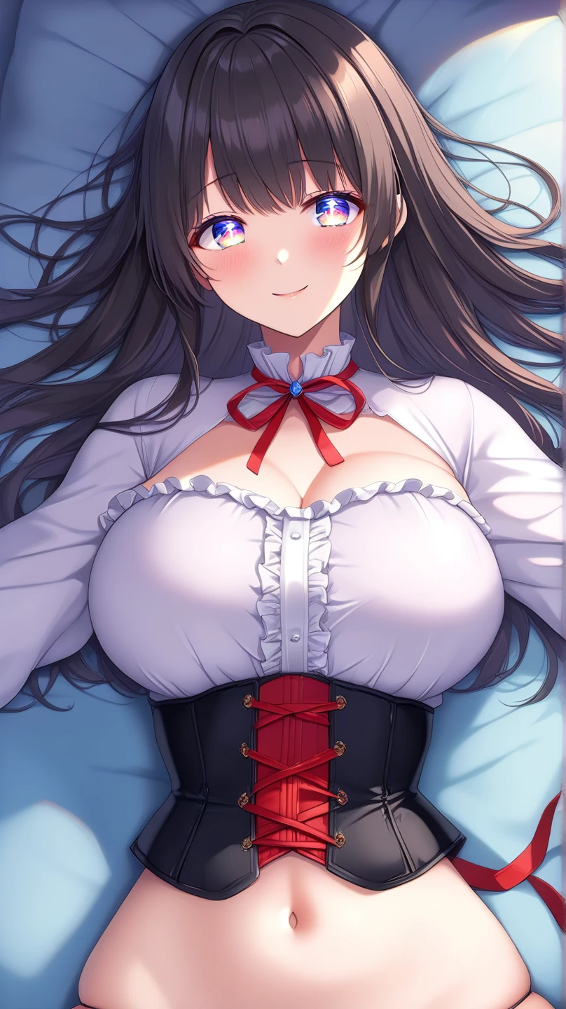 Anime Style。Cute and big eyes。A small elementary school student, 130cm tall。The bust is very large and heavy, but the waist is very thin。 cute Thick thighs but long, slender legs。The buttocks are firm and not saggy.。 Her chest is so large that you can see the sides of her chest even when seen from behind.。 She's thin, but her breasts are too big and saggy.。The chest area is wide open.、She was wearing a tiny bikini that didn't match her breasts and had deep cleavage.。 The underbust and waist are as thin as the neck。 Crouched down and looking up.The hair is braided Blonde twin tails