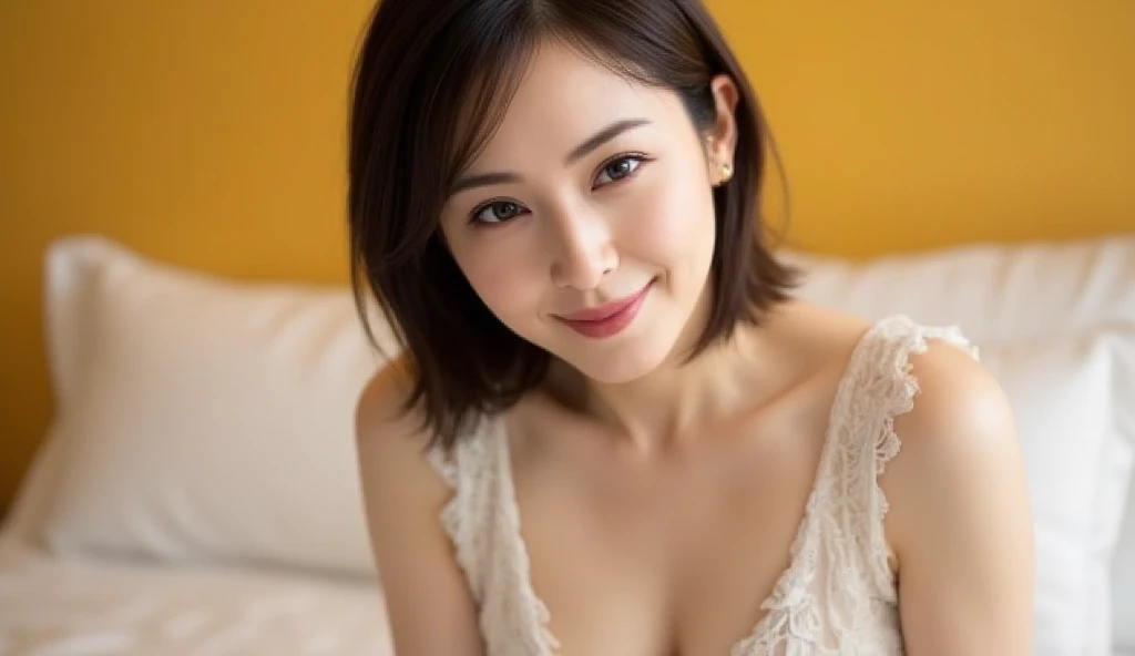 ((highest quality)), ((masterpiece)), (Familiar), Perfect Face, masterpiece、highest quality、High resolution、wallpaper、Realistic、Bright lighting、Professional Lighting、Face Light、Smooth lighting、Japanese women、20th Gen Midplate、so beautiful、Beautiful Skin、Beautiful and detailed、Familiar顔、slim、moderately、short hair、Brunette colored hair、Brown eyes、Looking at the camera、Cafe sofa、 commercial photography, Beautiful Instagram Influencer Girls, The best smile,Daytime、No sleeve