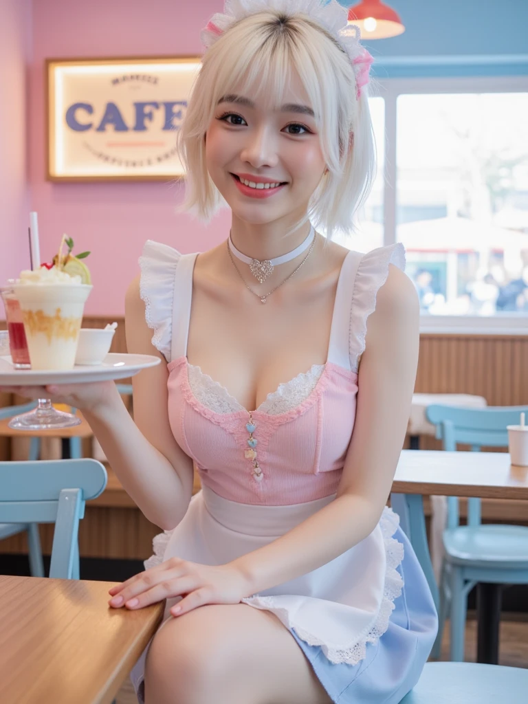 (8K, top-quality, masterpiece:1,2), (reallistic, Photorealsitic:1.37), Super Detail, One girl,), (Highly detailed), (beautifully detailed eyes), (of the highest quality), (super detailed ), (masterpiece), (Detailed face),20yr old, ,1 girl, full body, pink hair,Very short hair, medium breasts, clothed, Perfect Lighting, pussy and breast focus, looking at viewer, aroused face, naughty face, (fantasy, Wearing a waitress costume: 1.2) , cafe, holding a tray in hand, coffee on the tray