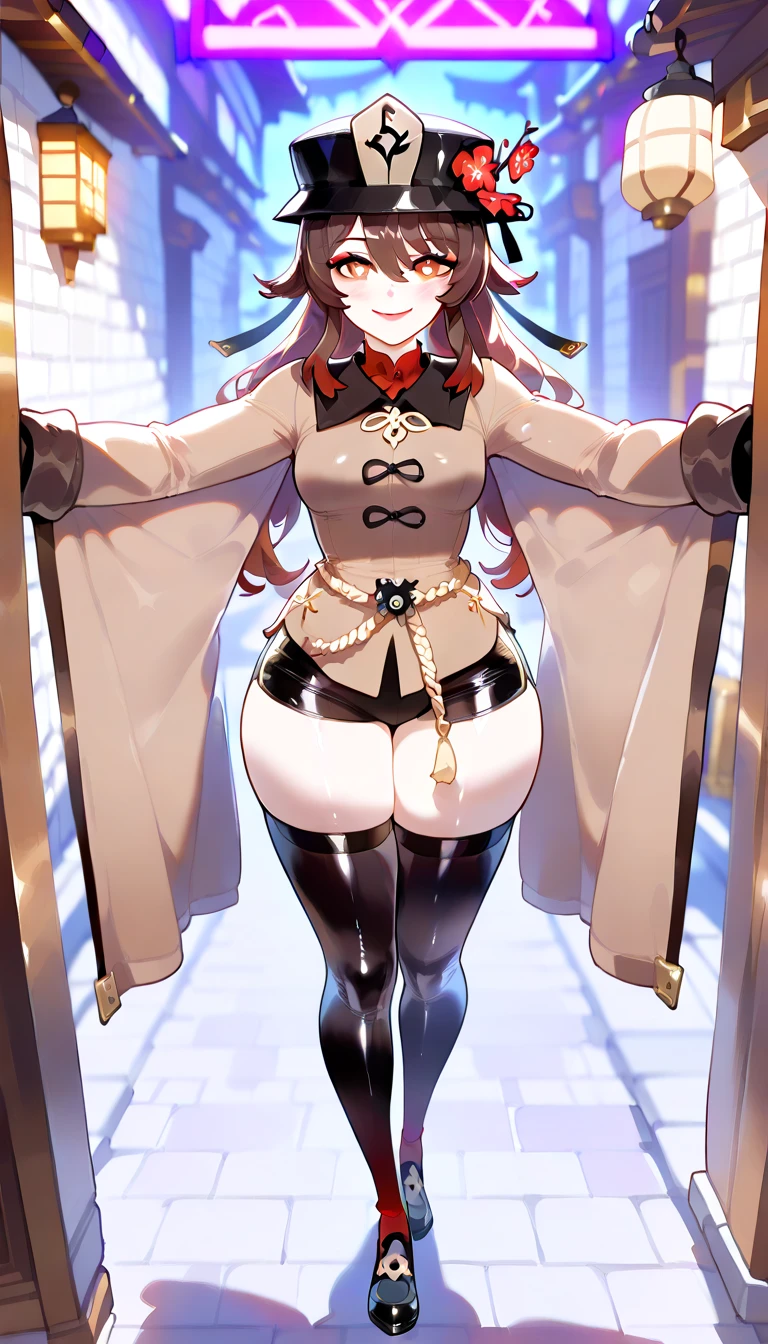 NSFW,One girl,Heterochromia iridis,Marine、Black leotard、Black Pantyhose、Black gloves、Striped Hair、Thigh-high boots、Red coat,(Perfect hands),(Perfect Anatomy),(masterpiece),(highest quality),Embarrassed,blush