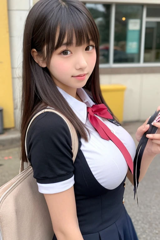 (Highest quality,masterpiece:1.3,Ultra-high resolution),(Very detailed、Caustics) (Realistic:1.4, RAW shooting、)Ultra-Realistic Capture、Very detailed、Natural skin texture、masterpiece、(Japanese elementary school students wearing junior high school uniforms:1.3)、Adorable expression、Expressions of happiness、、height: 140cm、Baby Face、Pure、Amazingly cute、Twin tail hairstyle、Trim your bangs、Curly Hair、Ribbon tie、Black Hair、Large Breasts、Shining thighs、Shooting on the main street of a tourist spot、Night photography、Background details、smile、An inviting gaze、(Anatomically correct)、Cowboy Shot、Attention to detail、