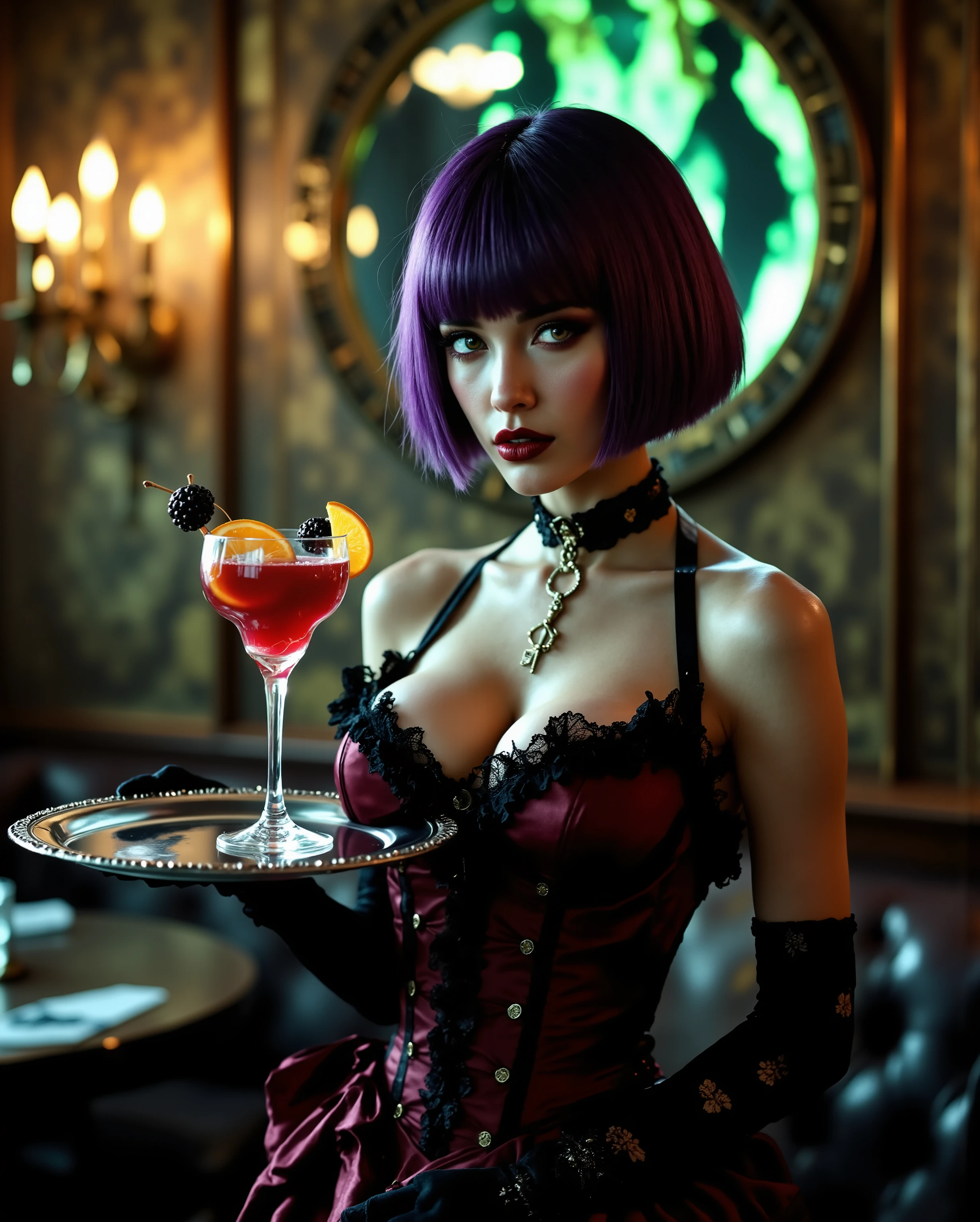 Fashion art portrait in style of Bettina Rheims: Harajuku model with razor-sharp violet-brunette bob radiates confident allure while balancing silver drinks tray reflecting distorted Art Nouveau cafe. She wears decadent burgundy corset with black lace overlay and ribbon detailing, plum ruffled apron hiding kanji embroidery. Accessories mesmerize - antique key choker, wine-patent elbow gloves revealing micro-printed tarot patterns on garters. Dramatic lighting ignites scene: candelabra's amber flicker sculpts Rheims-esque shadows while toxic green neon backlights her silhouette. Two floating cocktail garnishes glow with bioluminescence - blood orange slice and blackberry suspended midair. Background unveils Art Nouveau nightmare - oxidized copper peony wall panels, cracked mirror showing alternate pose, chandelier filled with swirling burgundy liquid. Hyper-detailed textures. 32K resolution. ray-traced tray reflections. Color symphony: dominant Pantone 19-1611 burgundy, blackened plum accents, toxic green and blood orange pops. Post-processing adds Ilford HP5 grain, subtle chromatic aberration, vintage lens vignette. Ultra HD. Hyper-real. Masterpiece. 35awards gold-medal quality. Anatomical perfection. Cinematic storytelling.  detail