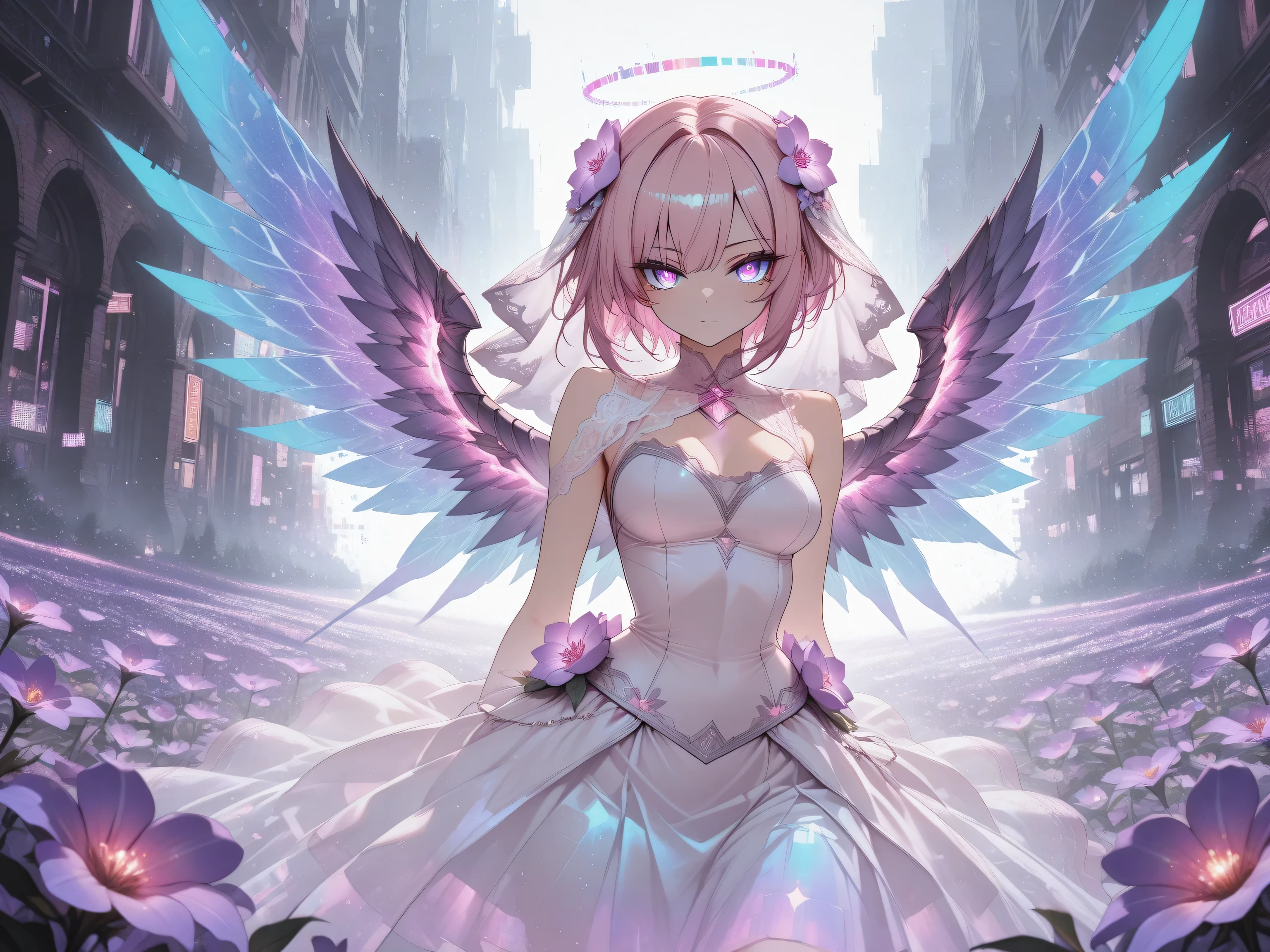 
1 girl, violet eyes, light pink hair, short hair, cool, beautiful, medium breast, very cute, lovely, kawaii
break,
(Flower Bride),
(Wings that pulsate with neon lights:1),
light dress that delicately radiates a faint glow,
break,
diffuse reflection,maximalism, scattered glitch pixels,
break,
(masterpiece:1), illustration, best quality, best aethetic, beautiful art, ultra-detailed, 8k, HDR, sharp focus, intricate,