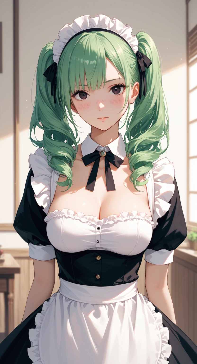 /(Girl),(young),(woman),(structured body),(slender body),(parts of the body such as large breasts and butt),(white skin color),(Long green hair and green eyes),(height 1.78),(very beautiful and sexual),(wearing),+,(dressed in a classic black and white maid outfit that exudes sexuality. Her outfit consists of a tight corset, puffed sleeves, and a high collar. The pencil skirt of her uniform swirls elegantly around her slender legs, ending just above her knees, leaving enough of a hint of thigh to drive anyone crazy. Her long, silky green hair falls gracefully behind her as she leans seductively against a wall, her perfectly shaped bust pressed down by the tight corset. One hand rests on her hip, while the other gently cups a full, supple breast. Her bright red lips part slightly, inviting you to indulge in your most intimate desires. She looks at you with deep, seductive green eyes, daring you to come closer and experience her irresistible allure. This captivating take on a classic maid outfit ignites a fierce fire of passion, drawing you deeper into its erotic realm. Your pulse quickens and your imagination runs wild with the anticipation of the pleasure she promises.)