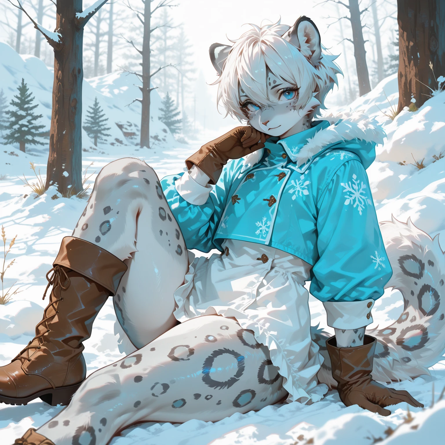 Solo, Furry, Anthropomorphic Snow leopard, Kemono, Snow leopard, Femboy, Androgynous, Curvy body, Round face, Thick thighs, Flat , Grey fur, Blue eye color, Calm expression, White hair color only, Very short hair, Wearing blue winter clothing, Brown boots, Brown gloves, Alone, Background: Outside in the snowy countryside 