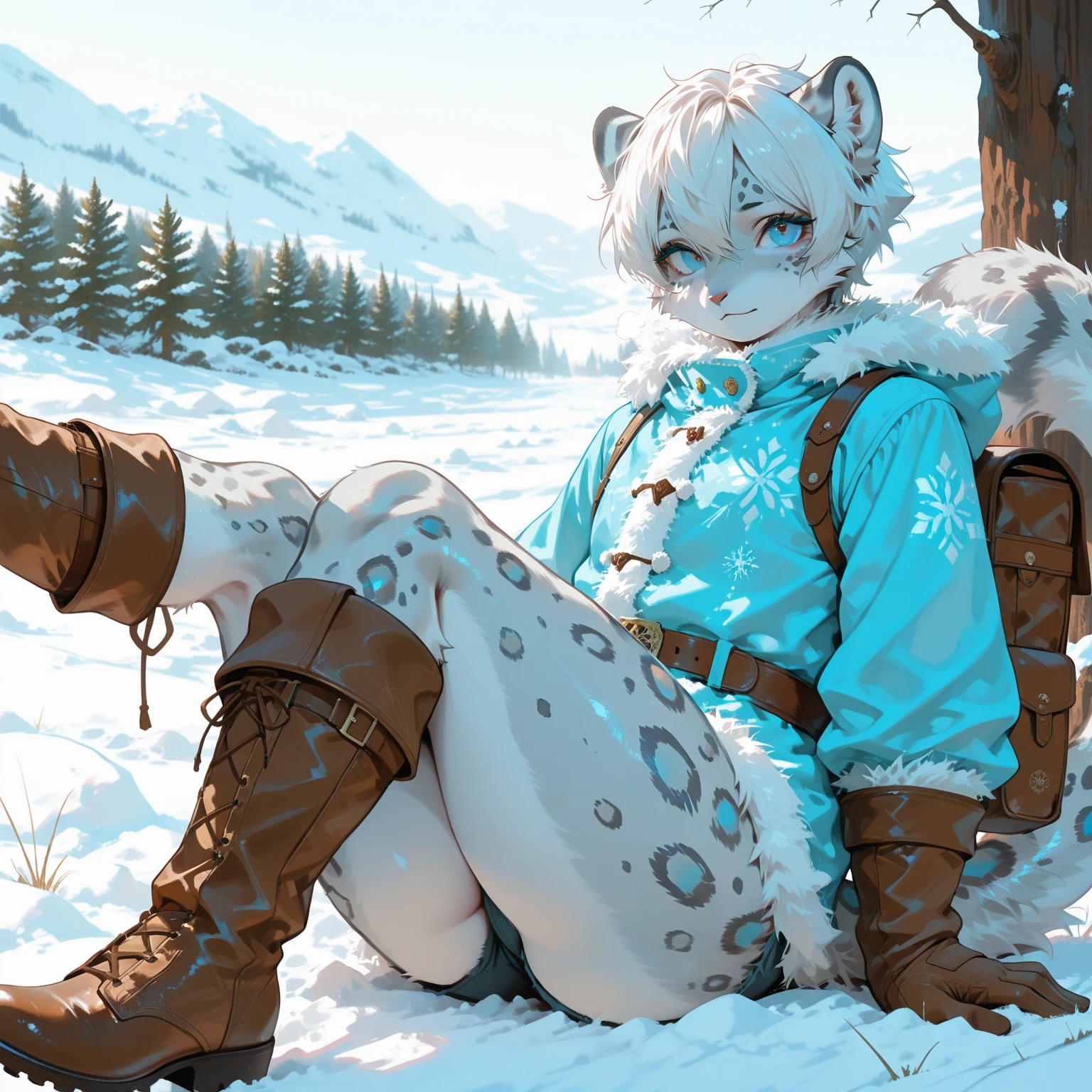 Solo, Furry, Anthropomorphic Snow leopard, Kemono, Snow leopard, Femboy, Androgynous, Curvy body, Round face, Thick thighs, Flat , Grey fur, Blue eye color, Calm expression, White hair color only, Very short hair, Wearing blue winter clothing, Brown boots, Brown gloves, Alone, Background: Outside in the snowy countryside 