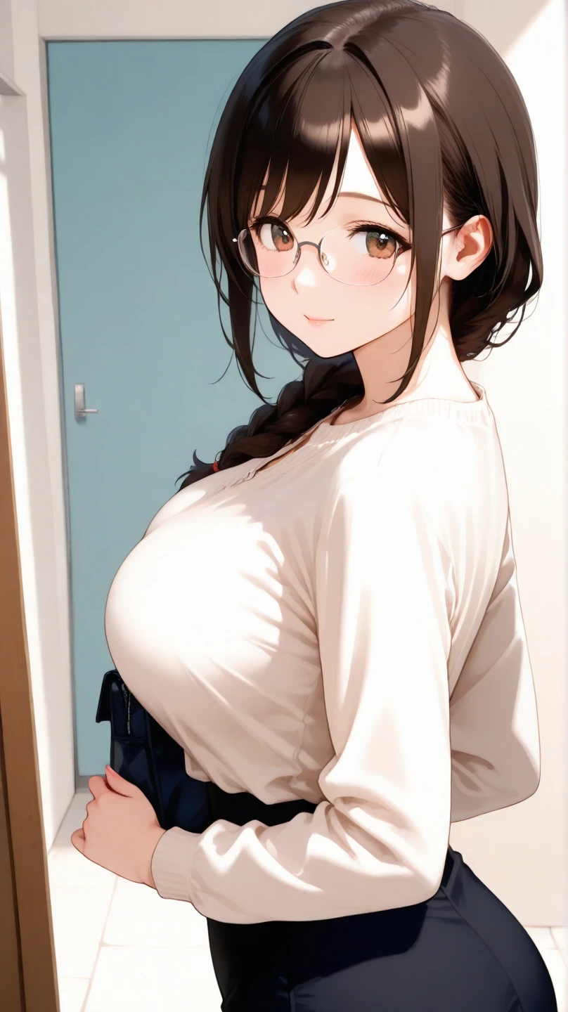 1 female,12 years old,brown hair,beautiful low ponytail hairstyle, (miniskirt and large white shirt, (double breasted,under bust:1.2), short sleeve, natural smile,,frameless eyeglasses,(slouch)