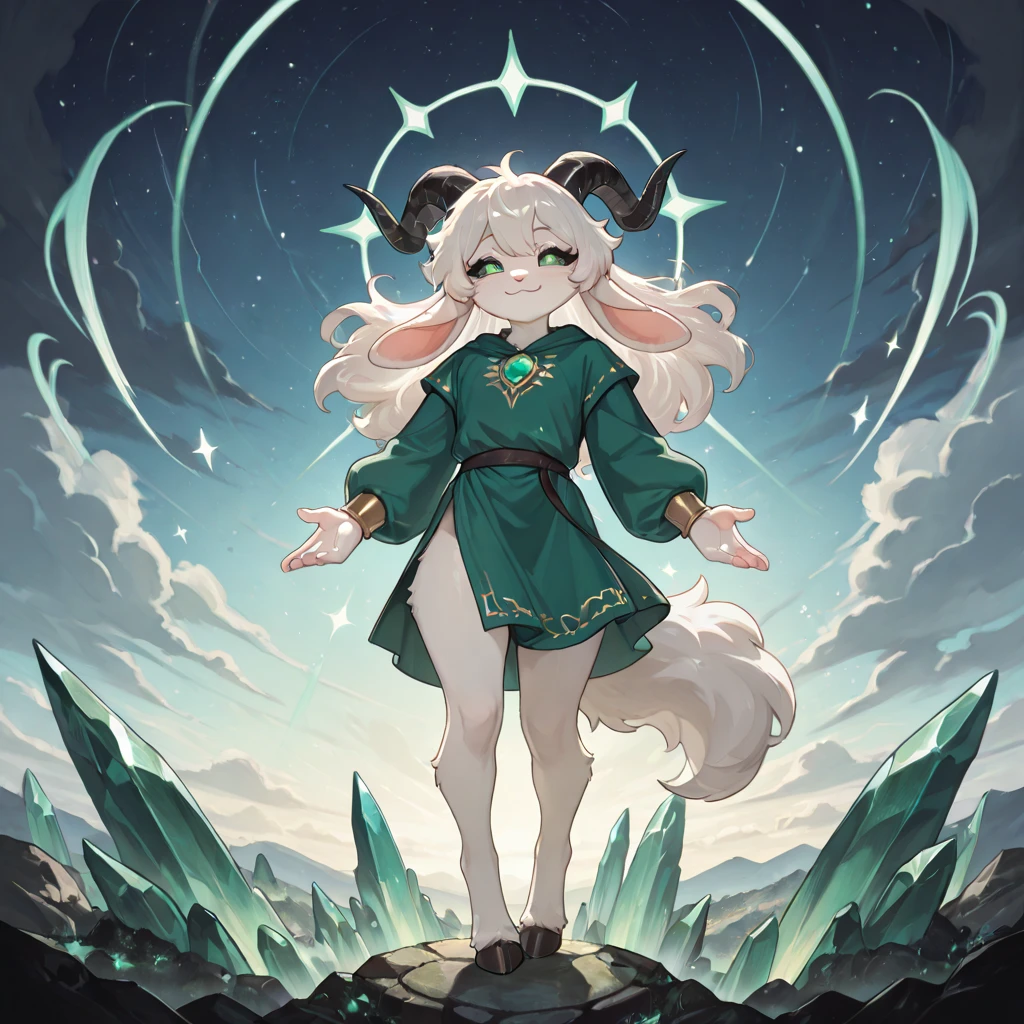 (Mucha style:1.1) , hairy Short stature goat girl , (realistic hairy fur:1.2) , round face , (tilt face:1.2) ,  round eyes , Swollen cheeks , glossy lips , in the fantasy , floating body , Alchemist , (transparent stick robe) , dynamic pose , Flying fairies