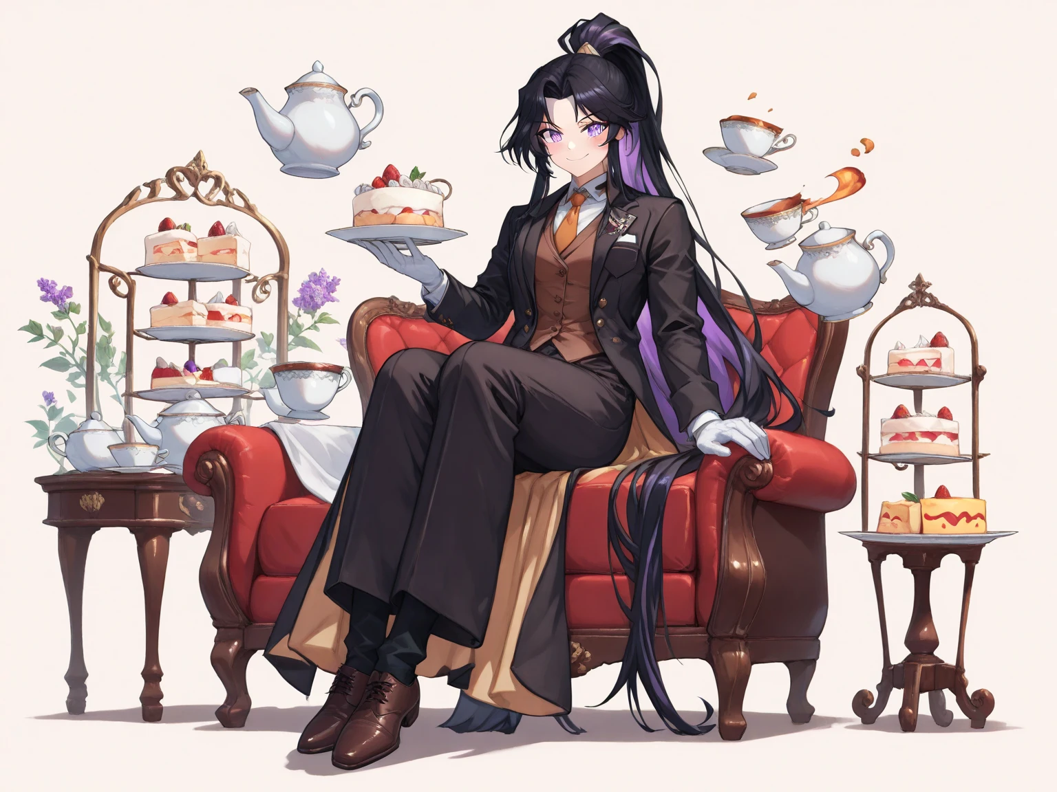 (full body, UHD, masterpiece, best quality, amazing quality, ultra-detailed, absurd, very aesthetic, beautiful shadows, high resolution, beautiful and delicate colors, natural light), 
1beautiful man, butler, elegant, beautiful, smile, 
(shaped eyes, beautiful amethyst eyes, ultra-detailed eyes, very long ponytail, Very lustrous black hair, beautiful and shiny hair), BREAK 
(shiny black jacket, elegant, long sleeves, brown vest, breast pocket, white gloves, necktie), BREAK 
A delicious looking omelet rice, a plate with cakes on it, someone holding a plate, Bend knees, dynamic pose, BREAK 
(Beautiful floral and plant frames, simple background, (floating teapot, teacup, cake, elegant furniture), atmosphere of discovery and wonder, fluffy Big heart effect on background, illustrious art style, cinematic and immersive scene), SHN
