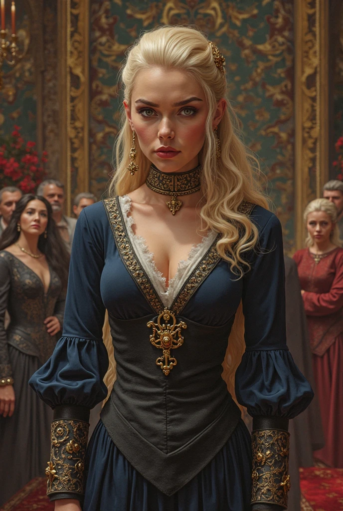 (realistic:1.3), finely detailed, quality, rembrandt lighting, (masterpiece:1.2), (photorealistic:1.2), (best quality), (detailed skin:1.3), (intricate details), dramatic, ray tracing, 1girl, russian girl, smiling, long hair,, blond hair, 21 years old, medium breasts, hair accessories, medfa, rich, extravagant, exquisite, vivid colors, vibrant colors, cowboy shot, <lora:MedievalFashion:1>