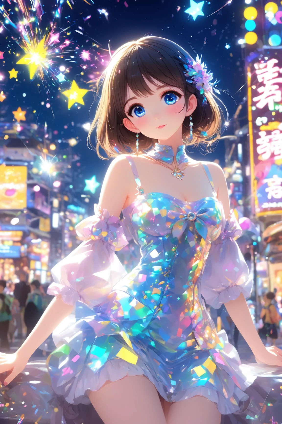 image quality:Highest Quality
Camera Focus: Blur the background
light:sidelight
person:20-year-old female,Gal model 、
Bright light、
Hairstyle: Short Bob、With bangs
dress:Gal、Hysterical glamour expression: The best smile、
flowerpunk、Sparkling light particles、
Vivid gradient effect