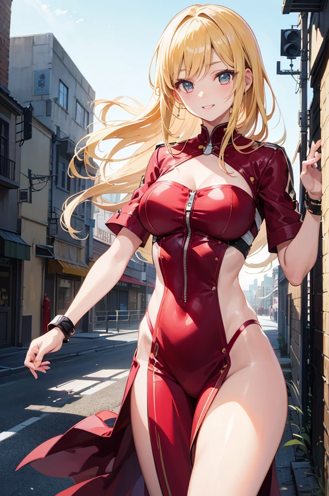 アニメ、One beautiful blonde girl、red-eyed、Red dress、off shoulders、a sword