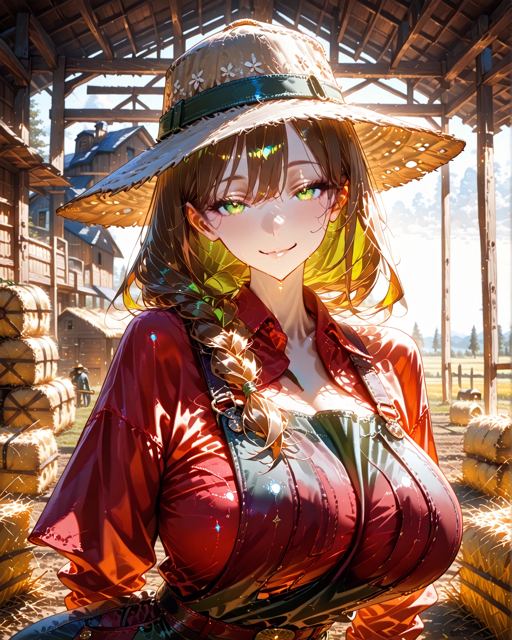 (SuperQuality:1.0) ~ (SuperQuality:1.2), detailxl, 1girl, High Resolution, Best Quality, High Details, Super Detailed, detailed background, barn, farmer, brunette, long hair, braids, hair over her shoulder, green eyes, red shirt, farm hat, holding a hay fork, Seductive Smile, dutch angle, looking at viewer,