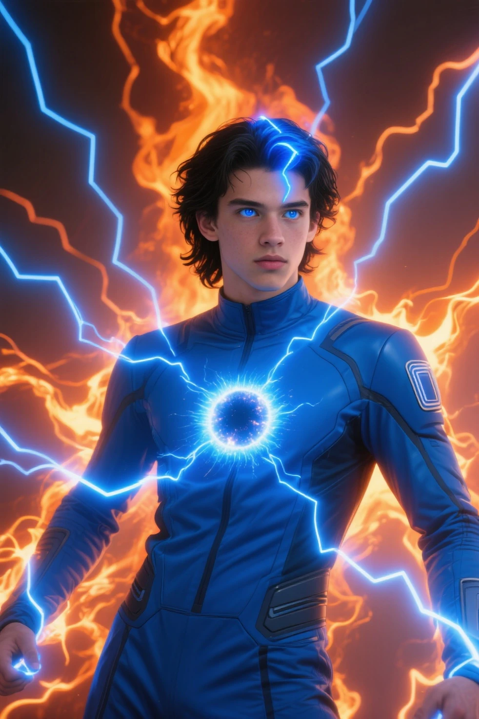 A boy who got struck by lightning and got speed, flying, lighting bolts, a superhero suit blue with a glowing lighting symbol, hair colour dark blue, stormy environment. He can fly and manipulate electricity