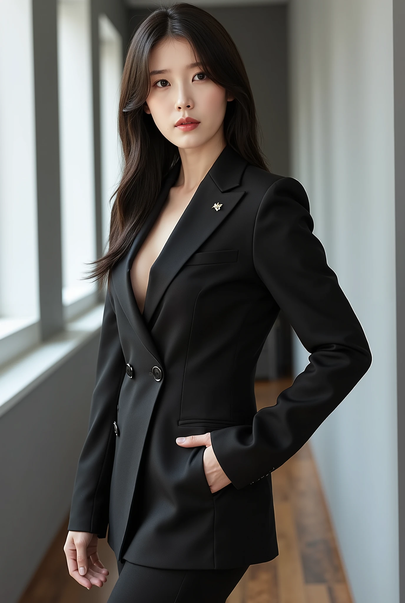 (RAW photo, best quality), (realistic, photo-realistic:1.3), masterpiece, an extremely delicate and beautiful, extremely detailed, CG, unity , 2k wallpaper, Amazing, finely detail, light smile, extremely detailed CG unity 8k wallpaper, huge filesize, ultra-detailed, highres, absurdres, soft light, (((medium hair:1.3), short bang, white hair, floating hair novafrogstyle)), beautiful detailed girl, detailed fingers, extremely detailed eyes and face, beautiful detailed nose, beautiful detailed eyes, long eyelashes, light on face, looking at viewer, (closed mouth:1.2), 1girl, cute, young, mature face, (full body:1.3), ((small breasts)), realistic face, realistic body, beautiful detailed thigh, (ulzzang-6500-v1.1:0.8), all black business suit, cross-laced clothes, collared shirt, open clothes, in office, detailed office, open cardigan, black thighhighs, miniskirt, black underwear, unbuttoned shirt, blue eyes,