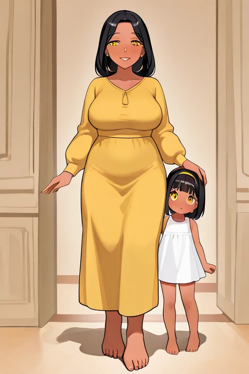 female, huge black rabbit ears, floppy black rabbit ears, dark skin, black hair, very long hair, huge breasts, happy smile, black eyes, cleavage:0.3, heaving breasts, black rabbit tail, sweat, white sundress, pregnant, earring, house porch, sunny, mother and children, medium shot