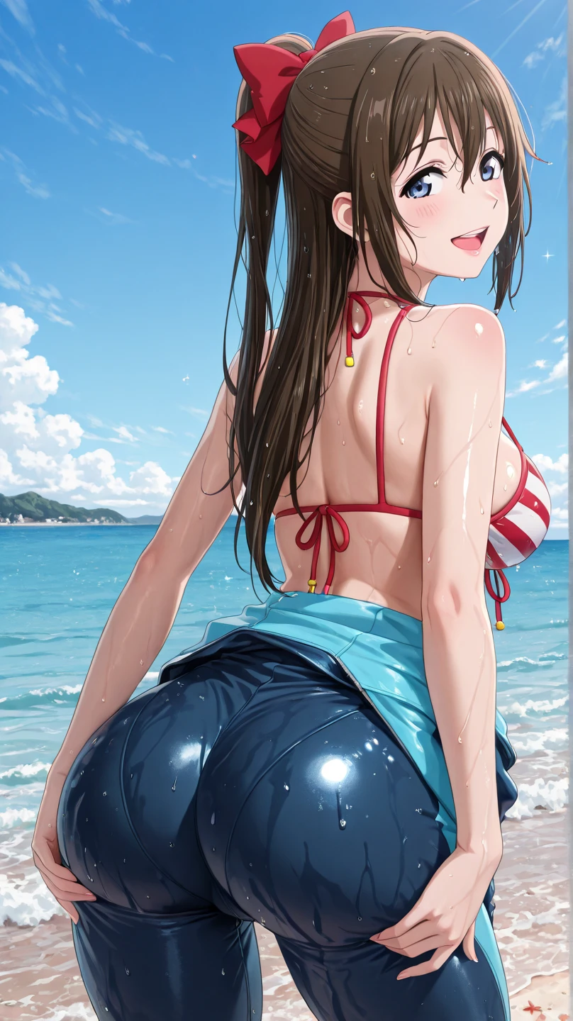high resolution, 1girl, in the sea, Young girl, (young face)、wicked smile、light brown hair、delicate body、perfect hands、(plump thighs)、perfect feet、small breasts, Colorful Micro Bikini、(detailed crotch)、snorkel、Swim with colorful fish、very clear sea、sunlight shines in、Glitter、In the sea、((Open your legs and swim gracefully))、((Angle from below the butt))、(Butt close-up)