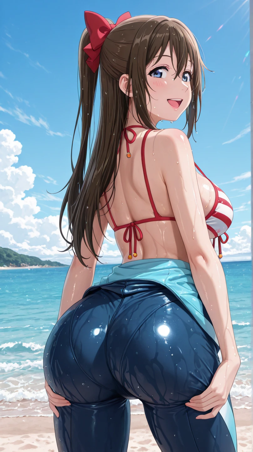 High resolution, high quality, 1 girl, anime girl, Brown hair long hair, brown eyes,heart-shaped pupil, green glasses, tanned skin, big breasts,beautiful breasts, (big ass),beautiful butt,Sweat,school swimwear,white knee socks,whole body,walk,on the beach,
