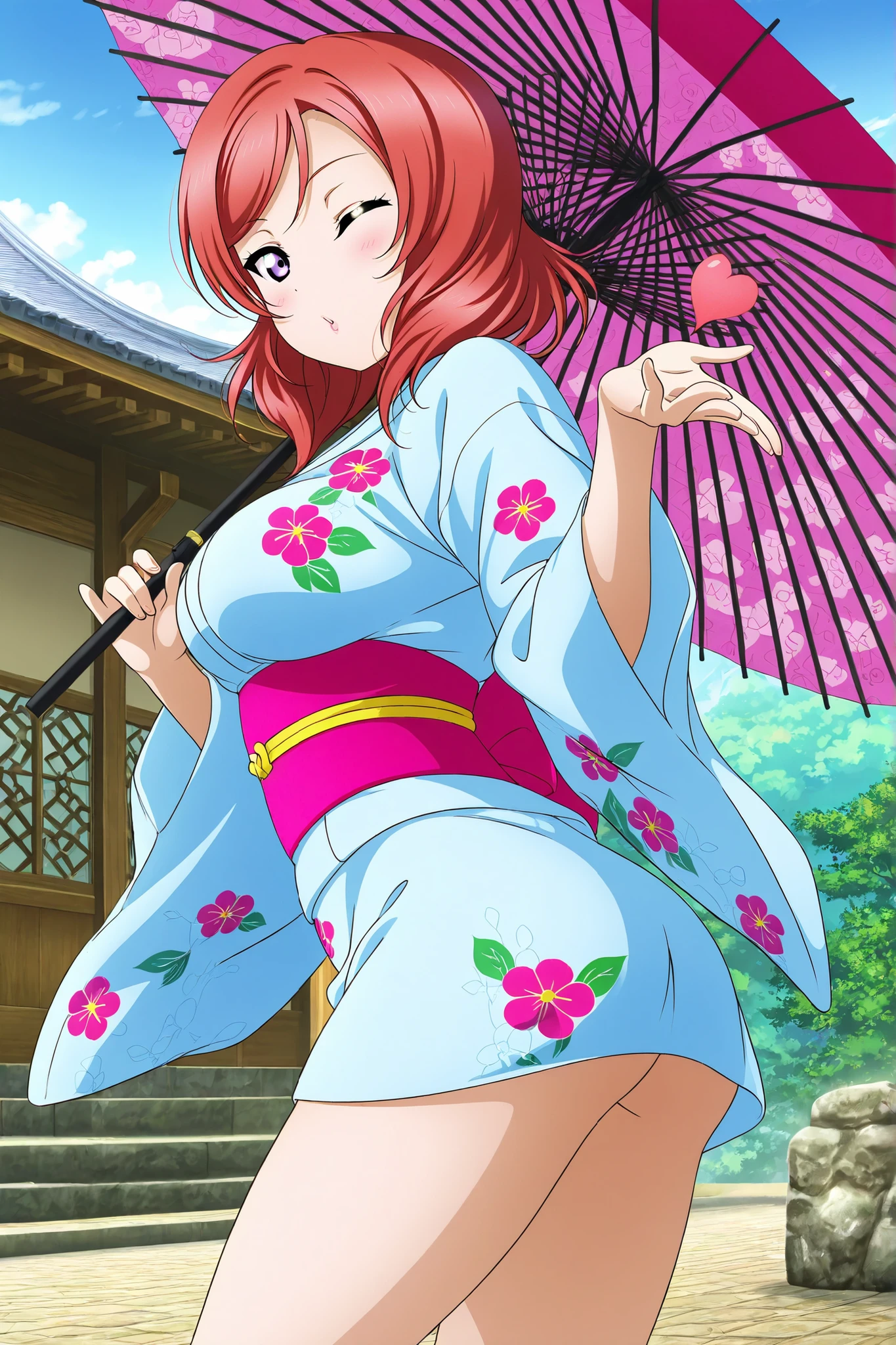 smile, 1girl, a cartoon image, a cartoonish female, 1girl, solo, huge breasts, looking at viewer, (white background)), toned, purple eyes, short hair, smile, bra, brown hair,,nijistyle, (((cowboy shot))), ,nijistyle,, , closed mouth, beautiful detailed kimono, huge cleavage, ((((in spring)))), ((((cherry blosssom)))), (((cowboy shot))), ((milf)), panties