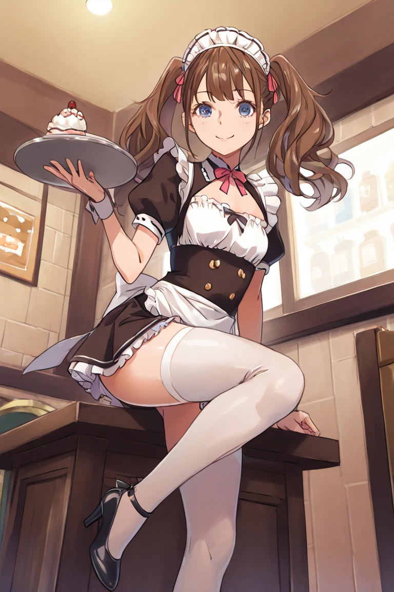 Rice Shower (Uma Musume), 1 girl, solo, long hair, breasts, looking at viewer, blushing, brown hair, knee-high socks, hat, ribbon, belly button, hugging, animal ears, bare shoulders, purple eyes, tail, flower, small breasts, black knee-high socks, indoors, bow tie, hair over one eye, leotard with front zipper, cups, wrist cuffs, detachable collar, rose, Playboy Bunny, horse ears, horse girl, horse tail, blue hat, tray, blue flower, flower on hat, blue leotard, hugging tray, front zipper goes all the way down to belly