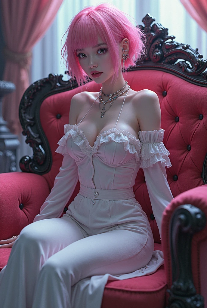 ( 
    (Character: one albine woman, pale skin, bald, tattoos)
    (Clothing:  beige fine lingerie)
    (Pose: full body shot:1.7, sitting with legs open, arms raised above the head, in a seductive pose)
    (Background: luxury room:1.3, mint beige color scheme) 
    (Style: ((masterpiece:1.5)), (face detailed), photo-realistic:1.3, hyperrealistic, film grain, realistic lighting, backlighting:1.3)
)