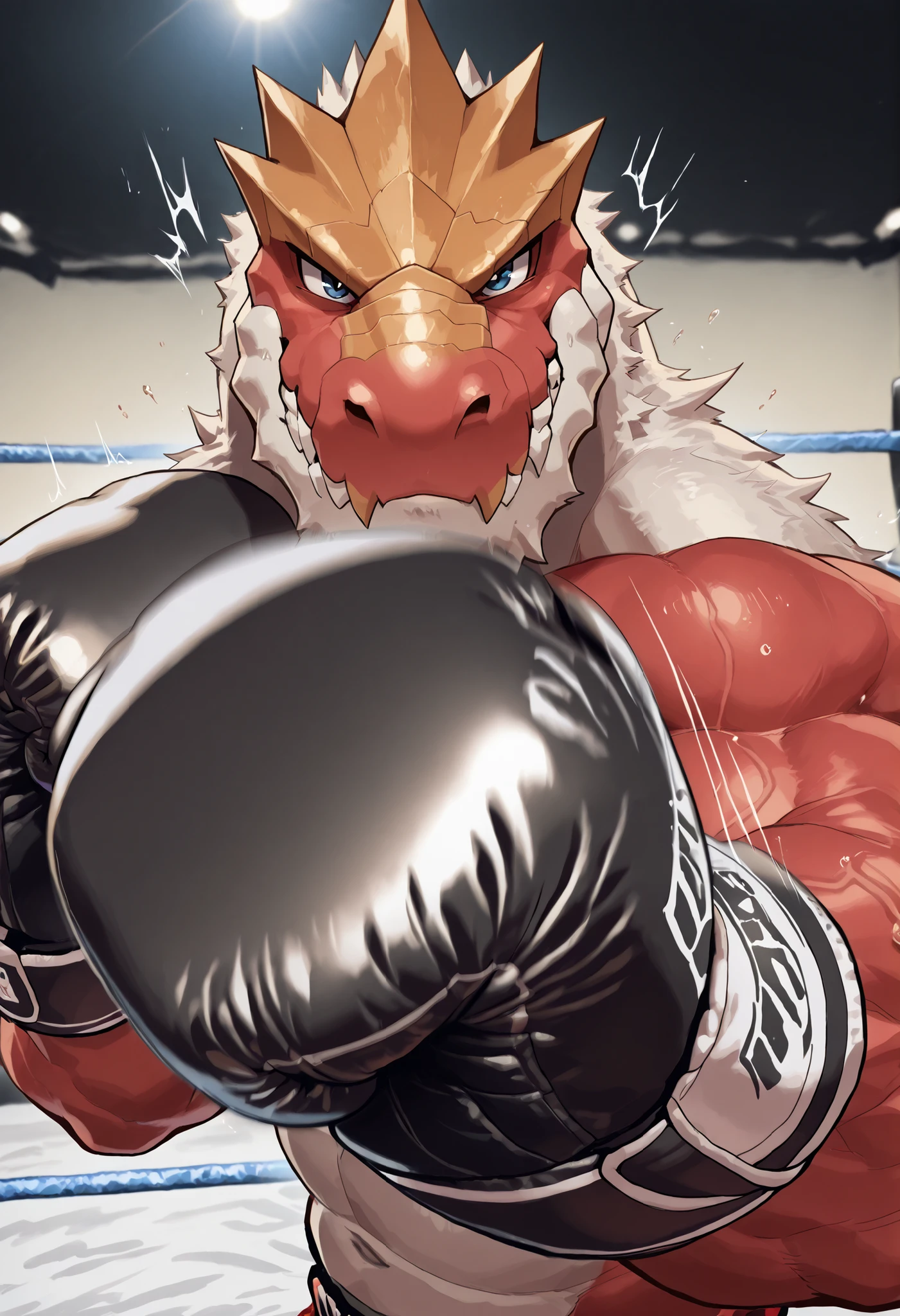 zPDXL3, pov_boxing, mercilessly punching_the_viewer, foreshortening, motion blur, black boxing gloves, depth of field, extreme perspective, extreme closeup, closeup, action shot, boxing, dynamic punching pose, motion lines, impact lines, mercilessly punching the viewer, cropped head, boxing ring background, braker tyrantrum heavy wait boxing champion, furry male, heavy muscular, veiny muscles, looking at viewer, ruthless smile, bedroom eyes, smug, bara, large pectorals, lowangleview-3000