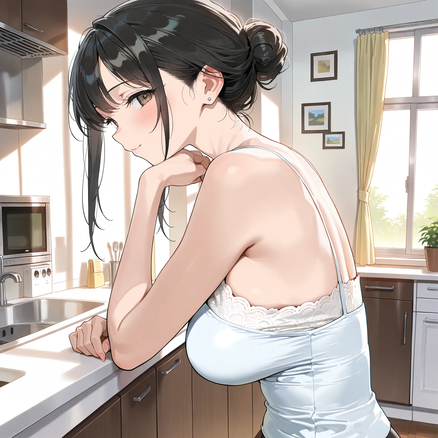 Close-up、Angle seen from the side、brown hair、short hair、beautiful woman、Kitchen during cooking:1.3、spring:1.3、short sleeve shirt:1.3、、skirt(((Highest image quality、High resolution、masterpiece、one woman)))、(((showing armpits:1.3)))、(((embarrassing:1.3、Sweat)))、(((cute)))