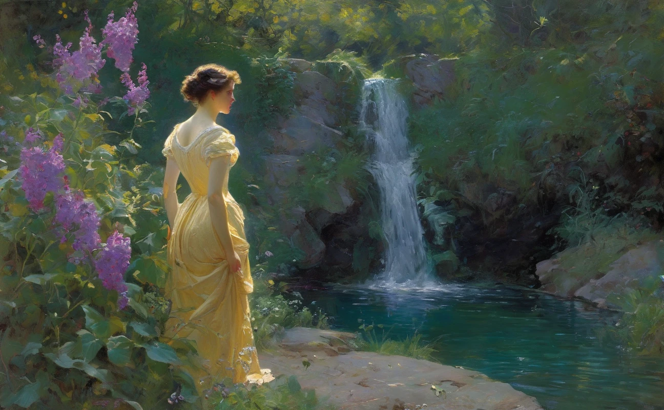 <lora:William Langson Lathrop Style:1>William Langson Lathrop Style - illustration by Frederick Richardson, young woman swimming toward castle