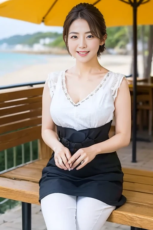 best qualtiy, in 8K, masuter piece, 逼真, Sharp Focus, high quarity, hight resolution, A detailed face, A detailed eye, Thick lip, (Look at viewers), 独奏, Middle-aged woman, Beautuful Women, 35 year old, plumw, Beautifully trimmed hair, cleavage of the breast, brightly colored patterned dress, Afternoon in front of the park garden