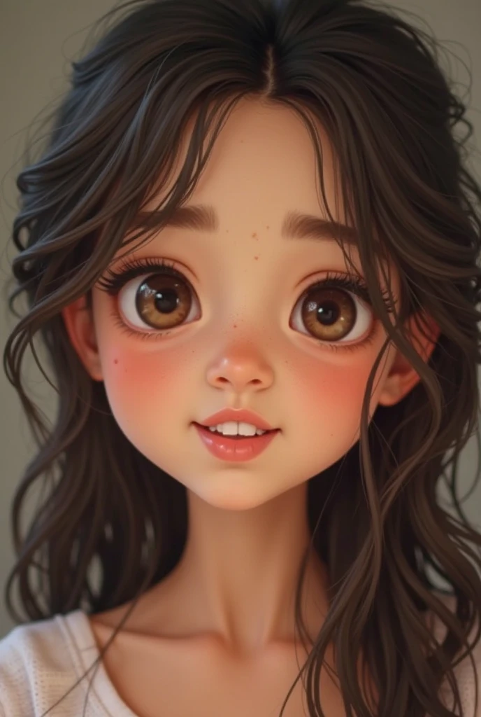 Girl 3 years old Long black curly hair Medium black eyes Small nose Brunette Beautiful smile

