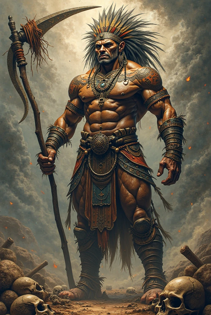 A full-body Brazilian indigenous warrior in a fighting stance with a spear in his left hand, black hair, body with geometric graphics, round studs on the lip and ears, and feathered clothing
