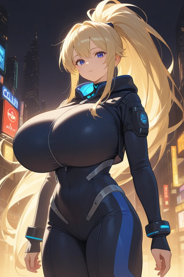 1girl, blonde hair, long hair, blue eyes, serious, black bodysuit, huge breasts, breasts, thick thighs, pilot suit, futurustic, machinery, tech, science-fiction, neon trim, neon lights, bodysuit, mature female, hourglass figure, toned,