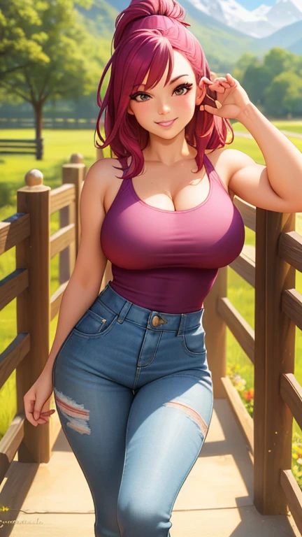Big round breasts, she is a grown woman ((beautiful 32 year old woman milf, high ass)), (red, long wavy and shiny hair, cute hair ornament), double eyelids, lilac eyes, clear and detailed, hyper detailed, light effect on eyes, detailed irises, sensual body, ((funky fuzzy crop top, denim micro-shorts, bold sexy, beautiful and cool, shorts)), cleavage, ((masterpiece, hyper realistic, hyper detailed , best quality, 16k, light and shadow on the skin, vivid colors), eyeliner, thin eyebrows, sensual expression, perfect lips, innocent and sexy face, ((skin with light and shadow), beautifully seductive and embarrassed woman, passionate expression, cute smile ((she is a beautiful milf woman, with a curvy body)), flirting with the viewer, beautiful, charming, on the street, wooden houses, countryside ((variable sensual body poses tilted)) ((striped thighs ))