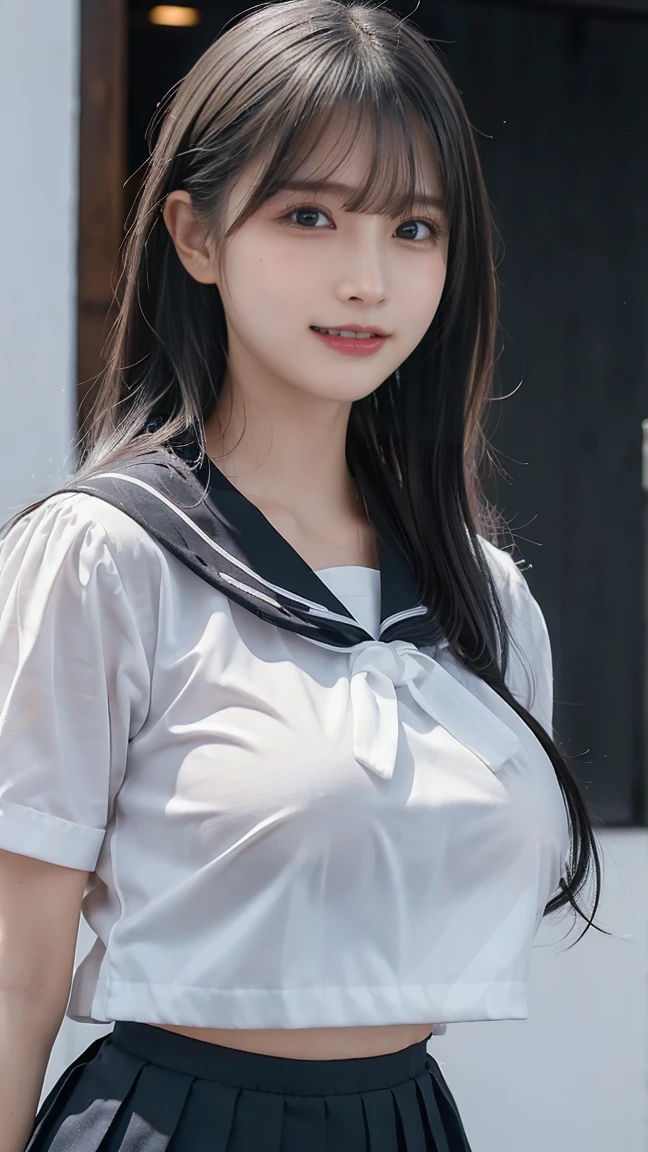 (realistic, table top, highest quality, Raw photo:1.3)、1 girl, 18-year-old,alone,, long hair, brown hair, detailed face, fascinating face, detailed beautiful eyes,(Light sailor suit :1.3), (covered nipples:1.1),medium breasts,(underboob:1.3), ( Lean beauty with perfect body: 1.4),dynamic pose, (looking at the viewer, Front view,focus of the eye:1.2), detailed background, Detailed, intricate details, ray tracing, Depth of the bounds written, enchanting smile