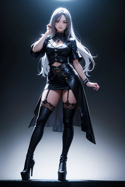 (Photorealistic:1.8, highest quality:1.8,8K masterpiece:1.8,High resolution,Mastepiece:1.8,RAW Photos,Cinematic lighting)、Simple Background、
(Concept Art、Official Art、whole body)、(three views:1.3)、A girl dressed as a Goth Girl、（Twin tails、Silver Hair）、Magenta slanted eyes、tooth、Thick eyebrows、Black nails、Sexy uniform showing the underside of the chest）、(((Underlim and long legs、Black Dress、Bare shoulders、((Lots of earrings))、Long black fingerless gloves、Goth Girl、(Fishnet tights、Gothic print:1.25、High heels、black leather garter belt、(Multiple leather straps、Iron chains attached to a ring:1.125)、((Devil&#39;s Wings and Devil&#39;s Tail))