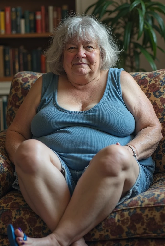 high fashion photography of a overweight old woman as a ((terminal trickster)) with ((mermaid waves hair)) donning a (velvet cape),dressed in blue tank top,textured fabric,lace-up front,white shorts,striped pattern,white sneakers,black door,white wall,outdoor lighting,architectural details,crouching,looking at camera,hands on knees,close-up,eye-level shot,frontal perspective,in a hover-car chase through the cityscape,Square color palette,(neutral colors:1.2),art,(hdr:1.5),(muted colors:1.1),(pastel:0.2),hyperdetailed,intricate and low contrast detailed,Neutral color palette,Cool color palette,(from below:1.3),shot on Leica SL2 with Leica APO-Summicron-SL 50mm f-2 ASPH,photo by Flora Borsi 