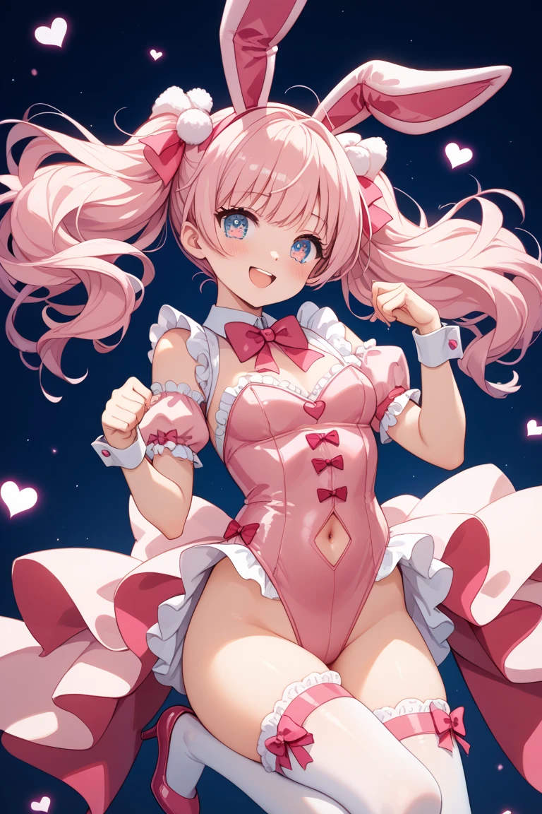 1girl,Sexy pretty girl,shiny blonde hair, Bobcut,Curly Hair、Dog ears、Red sparkling eyes、detailed cute eyes,(glowing eyes:1.4),laugh heartily,((Droopy eyes)),22 years old,nurse's outfit,posing,skinny body shape,short of a person,heart shaped pupils,smiling,open mouth,flushed cheeks,whitesmoke background color,looking at viewer,masterpiece, extremely fine and beautiful,masterpiece, pastel red eyes,curly hair,dog ear, heart,ribbon,sexy bunny girl Fishnet tights, steam，smile、pink background,
