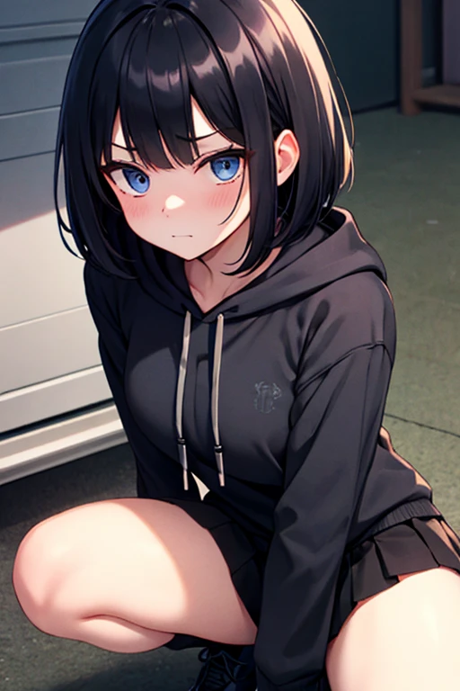 1 Sister、Braided side up short hair、dark grey HAIR、Golden Eyes、Black hoodie jumper、Grey T-shirt、Inflated big breasts、Black Pantyhose、Black shorts、Gray sneakers、Beautiful legs、Beautiful thighs