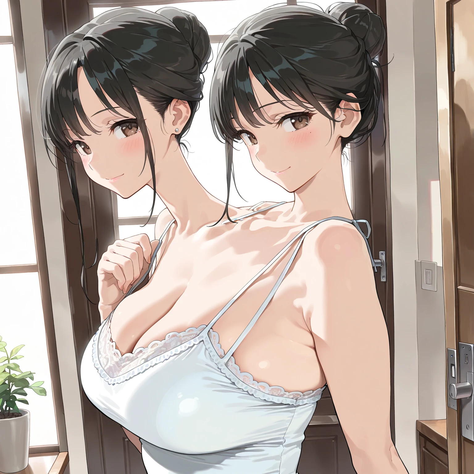 ((ultra-quality)), (in 8K), 2women(different hair style), (different eye color), ultla highres, Hyper Detailed, High contrast, Ultrafine Strike, creative refinement, absurdres, Realistic, extremely detailed CG unified 8k wallpaper, Highly detailed, High-definition raw color photos, professional photograpy, Realistic portrait, Cinematic Light, Beautiful detailed, 27 years old woman, ((Best quality, 8k, Masterpiece: 1.3)), Slim abdomen, ((Layered haircut, Large breasts: 1.2)), (no bra), (Sheer nipples:1.1), (Sheer areola:1.1), (breasts are covered with backless apron:1.2), (smooth stomach), , Highly detailed face and skin texture, (realistic skin:1.5), (shiny skin), (oily skin), (Best Quality:1.4), Super Detail, High quality, master piece, lifelike, Perfect face, Silly, (arms behind back:1.5), (Sharp Focus), (upper body), (close up), Delicate Beautiful Hair and Eyes and Face, Delicate eyes, radiant eyes, Lifelike, Hyper-detailing, (colossal breasts:1.6), (Big breasts:1.5), (Beautiful breasts:1.3), (arms behind back), (arms are down), Beautiful cute woman, camel-toe details, SFW, slim body, in the kitchen