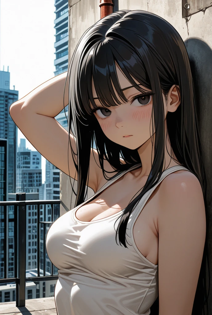 girl in summer clothes, tight dress, black pantyhose or long stockings, making as if she wants to kiss you, view from viewer, medium breasts, cleavage, cityscape, flirtatious look, ((very detailed)), (perfectly detailed face), (well detailed hand) photorealistic image.