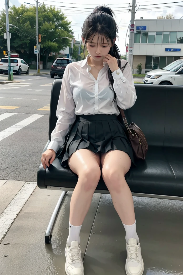 masterpiece, Highest quality, High resolution, girl, Peeking from below，Japanese,whole body,Cute face,high school girl,Baby Face,Looking away,Medium Hair,Baby Face,Weeping face,Small breasts,delicate,Expose,Clothes are open,Female genitalia is visible,pubic hair,Lower body naked,uniform,Black Skirt,M-shaped legs,Thin thighs,night,night景,City