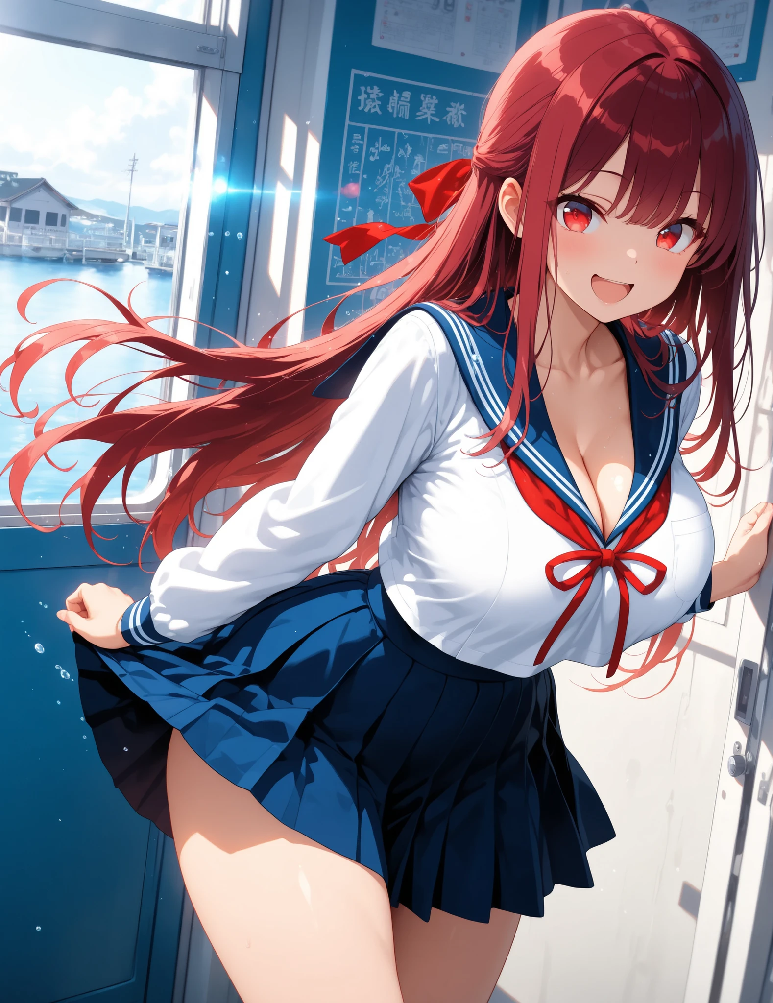 nsfw, (highly detailed beautiful face and eyes:1.2), 1girl, solo, huge breasts, (lift shirt, show off breasts), (orange hair:1.1), (long straight hair), (orange eyes:1.2), (sailor school uniform), ((red tie)), (navy blue pleated mini skirt:1.15), from below, (white panties, lift skirt, pantie shot, blush,), (((embarrassed))), (town overview), detailed landscape, (best quality,masterpiece:1.2), intricate details, extremely detailed,8k resolution, natural lighting, hair fluttering in the wind,