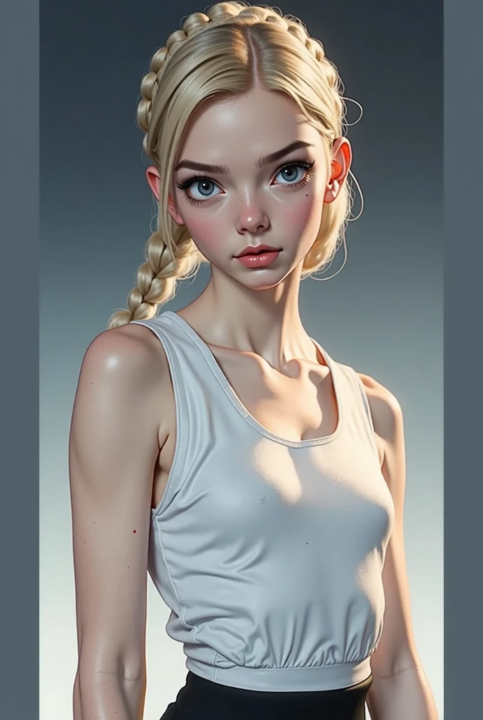 one girl, solo, (abs:1.5), slender body, fit body, (upper body, bust:1.2), (black eyes:1.3), blonde hair, (two cute braids:1.2), masterpiece, highly detailed, look at viewer, front view, (small breasts, tiny breasts, male chest, exposed breasts, deep cleavage:1.5), (transparent white t-shirt, wet t-shirt, choker:1.4), (studio lights, blured background, glowing edges of image, shiny blured background, gradient sprayed background, colorful background:1.3), expressing joy, (nipples:1.1)